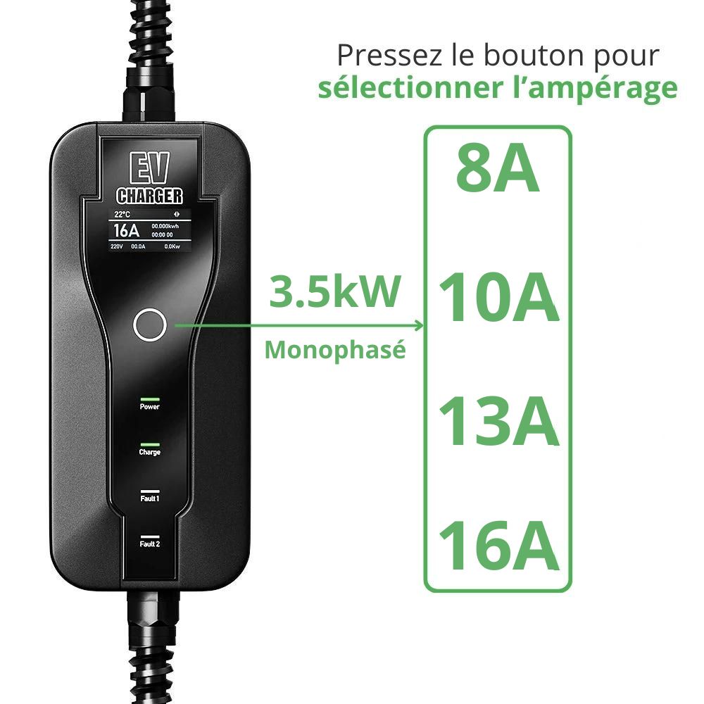 Chargeur mobile Voiture Électrique 3,5kW - 8A à 16A – Type 2